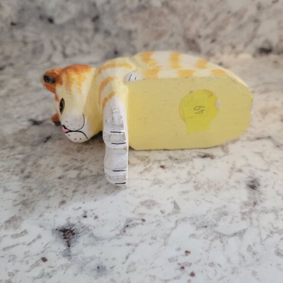 Handpainted Wooden Cat Figurine Yellow & White 2.5" Adorable Striped Design Home - Picture 6 of 8